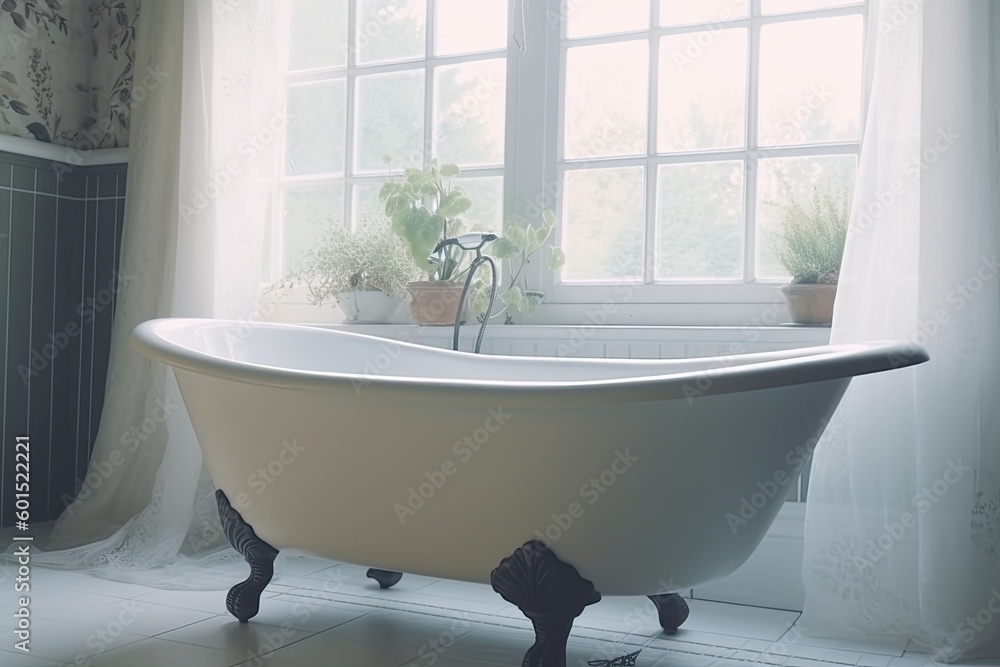 Poster relaxing white bathtub with a view from a window generative ai