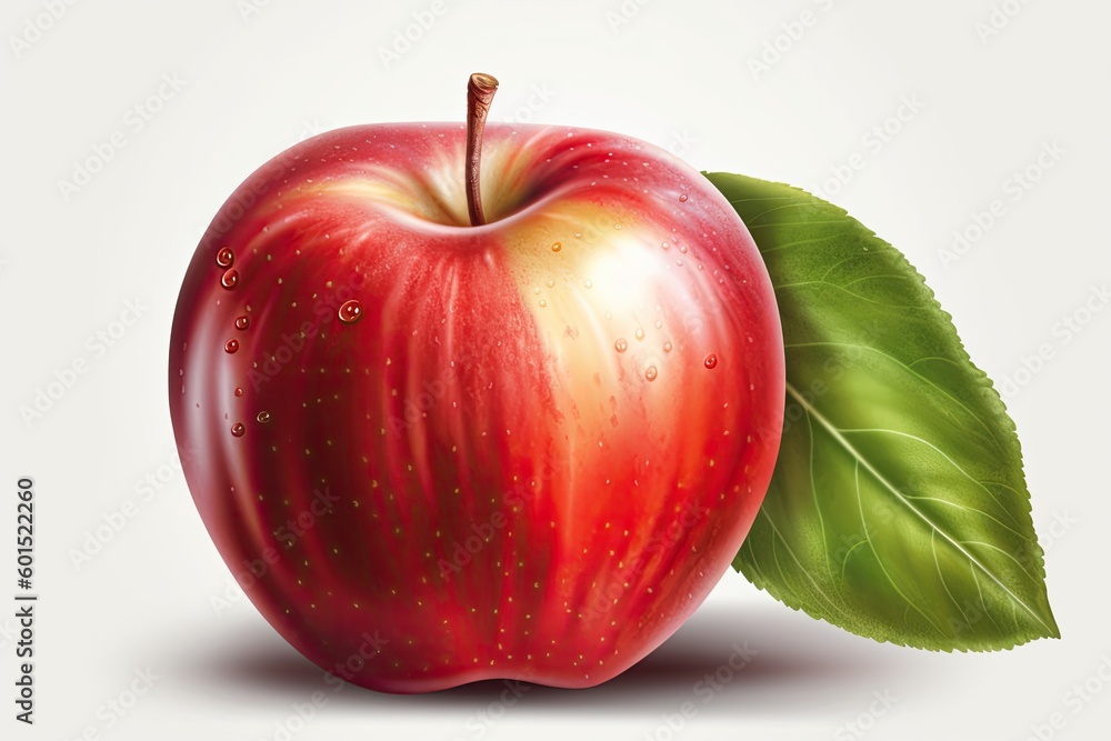 Poster fresh red apple with a green leaf isolated on a white background generative ai