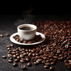 Fototapeta premium Cup of black coffee on background with roasted coffee beans, Created using generative AI tools.