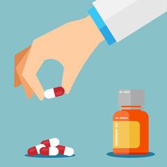Flat design of medical bottle and a hand holding pills for medicine and healthcare. Illustration for websites, landing pages, mobile applications, posters and banners. Trendy flat vector illustration