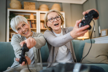 Two senior women caucasian friends or sisters play console video game