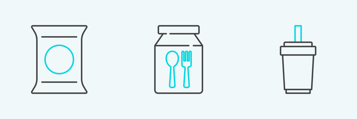 Fototapeta premium Set line Paper glass with straw, Bag or packet potato chips and Online ordering and delivery icon. Vector