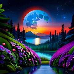 night landscape with lake and trees