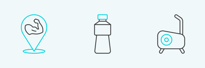 Set line Stationary bicycle, Bodybuilder muscle and Bottle of water icon. Vector