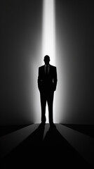 A man in a suit standing in front of a light beam. Generative AI.