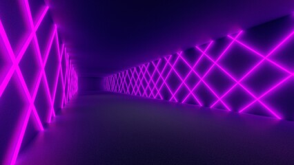 Futuristic interior background geometric design glowing pink neon in dark tunnel 3d render
