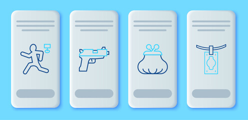 Set line Pistol or gun, Wallet, Murder and Money laundering icon. Vector