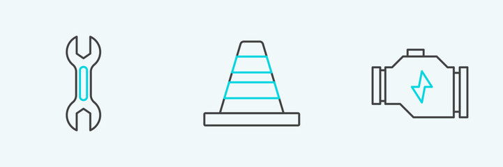 Set line Check engine, Wrench spanner and Traffic cone icon. Vector