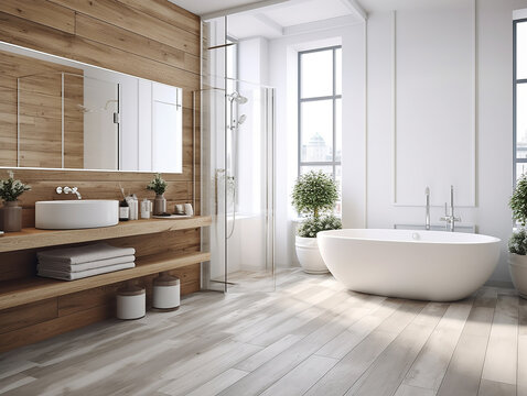 illustrazione di sala da bagno di legno e marmo con dettagli minimalisti , vasca da bagno e piante, creata con intelligenza artificiale