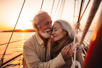 Obraz premium Happy senior Caucasian, European couple in love enjoying a romantic sunset on yacht in the sea, Generative AI