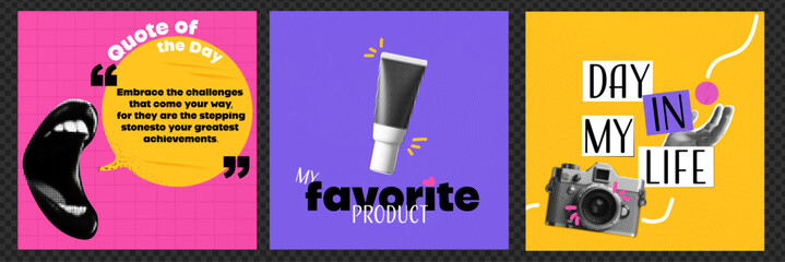 A set of templates for social networking posts. Open Mouth with Quote of the Day. My favorite product. A day in my life. Ideas for content. Vector collage style.