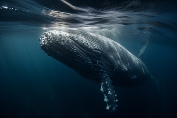 giant humpback whale in the blue ocean, whale protection concept, generative ai