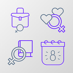Set line Calendar with 8 March, Book about women, Female gender and Work for female icon. Vector