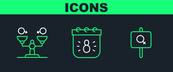 Set line Feminist activist, Gender equality and Calendar with 8 March icon. Vector