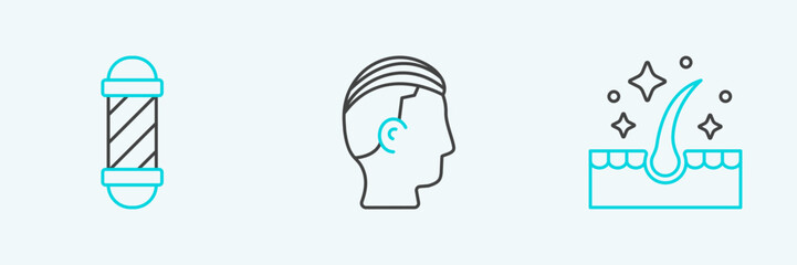 Set line Oil for hair care treatment, Classic Barber shop pole and Hairstyle icon. Vector