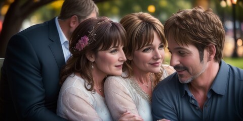 Mature Women and man Smiling and Making Selfie In Park After Active Outdoor Training. Middle Aged Friends Spending Time Together. Diversity and Equity. Beauty In Age. Friendship concept. Generative AI