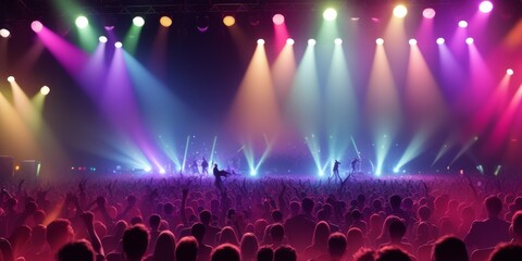 cheering crowd of unrecognized people at a rock music concert. crowd in front of bright stage lights. Concert audience at music concert. Smoke, concert spotlights. Generative AI
