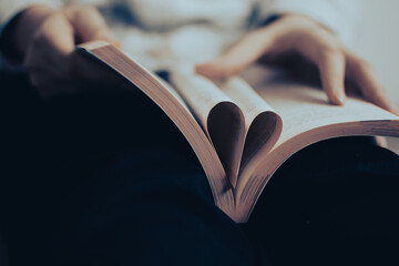 Concept: in love with novels and literature. Heart shaped book pages within the hands of a reader - 601523874