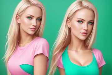 Portrait of two shiny sweet ladies dressed pink and green top on green color background. Beautiful sexy woman with blond hair and in attractive outfit poses for a picture. Generative AI