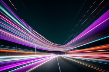 Fototapeta na wymiar Car motion trails. Speed light streaks background with blurred fast moving light effect, blue purple colors. Racing cars dynamic flash effects city road with long exposure night lights. Generative AI