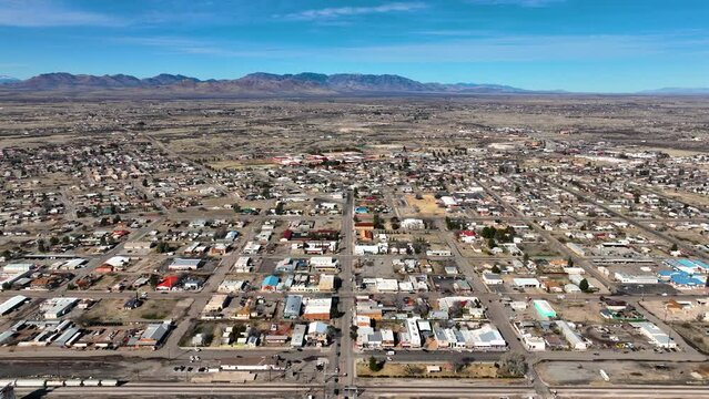 Aerial view of Willcox on Railroad Avenue at W Maley Street in historic city center of Willcox, Arizona AZ, USA. 