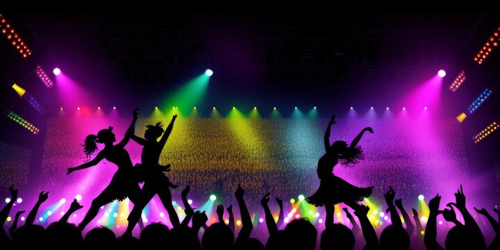 A crowd of people in silhouette raises their hands on dancefloor on neon light background. Night life, club, music, dance, motion, youth. Purple-pink colors and moving girls and boys. Generative AI