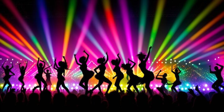Light Show And Silhouette of audience crowd people use smart phones enjoying club party with concert. Blurry night club DJ party people enjoy of music dancing sound.Abstract Background. Generative AI