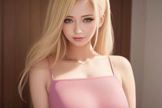 Portrait of shiny sweet lady dressed in pink top on pink pastel color background. Beautiful sexy woman with blond hair and in attractive blouse poses for a picture. Generative AI