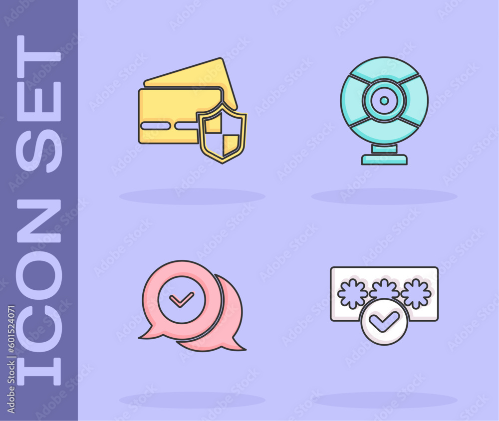Poster set password protection, credit card with shield, check mark in speech bubble and security camera ic