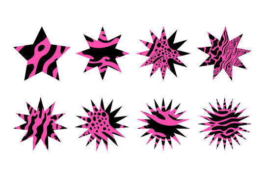 Set of abstract different shapes of stars with animal skin texture. Hot pink figures with black patterns. Collection for memphis, y2k. Vector illustration for retro style.