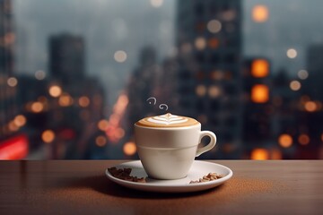 cup of coffee on the table on bokeh background