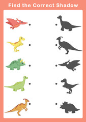 Shadow matching game for kids. Find the correct shadow. Educational game for children.
Find and match the right shadow of dinosaurs.