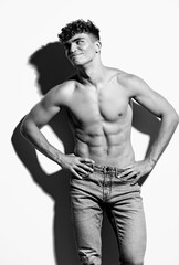 Fototapeta premium man beauty male naked fashion sexy fitness model fit background torso studio white