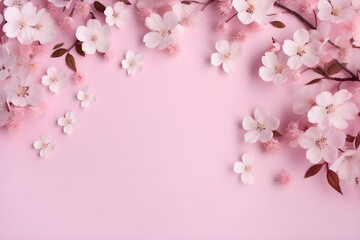 Apple or cherry blossoms and petals on pink background with copy space, top view. Flower composition. Generative AI.