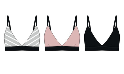 Collection of vector drawings of fashionable women's bras on wide black elastic band. Swimsuit pattern in pink, black colors. Sketch of comfortable cotton bras simple cut, in a casual style.