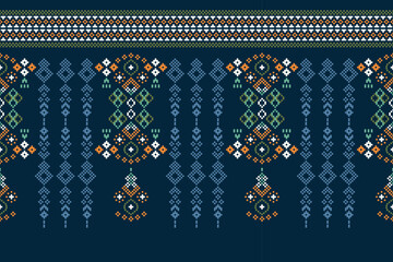 Ethnic geometric fabric pattern Cross Stitch.Ikat embroidery Ethnic oriental Pixel pattern navy blue background. Abstract,vector,illustration. Texture,clothing,scarf,decoration,carpet,silk wallpaper.