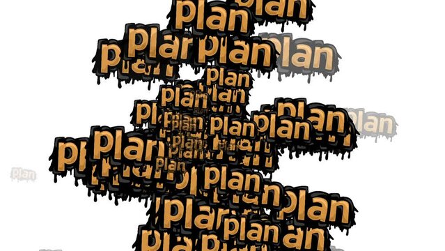 animated video scattered with the words PLAN on a white background