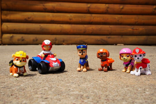 Ryder, Chase, Rubble, Skye, Marshall and, Zuma Spin Master Paw Patrol cartoon character figurines sit outside.