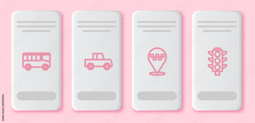 Poster set line bus, car, location with taxi and traffic light. white rectangle button. vector