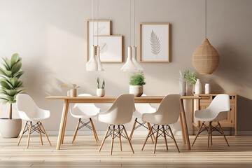 modern dining room with a wooden table and white chairs Generative AI