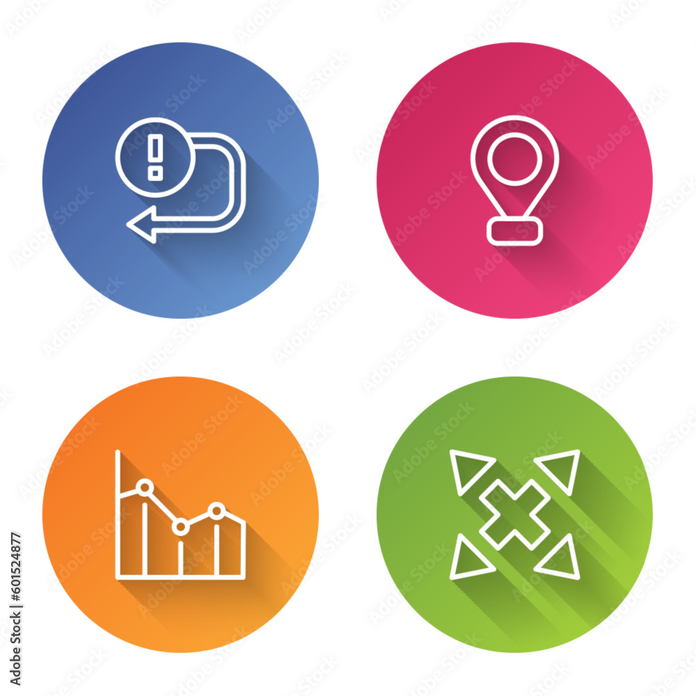 Poster set line arrow, location, pie chart infographic and many ways directional arrow. color circle button