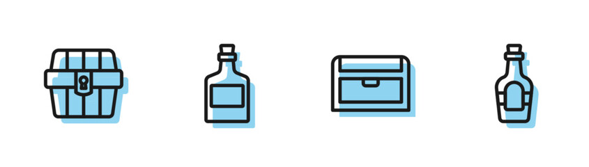 Set line Antique treasure chest, , Alcohol drink Rum and icon. Vector