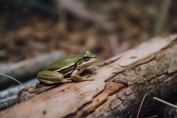 green frog perched on a tree branch Generative AI