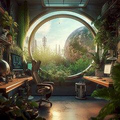 Futuristic solarpunk home office with many houseplants and floor-to-ceiling windows. Generative AI.