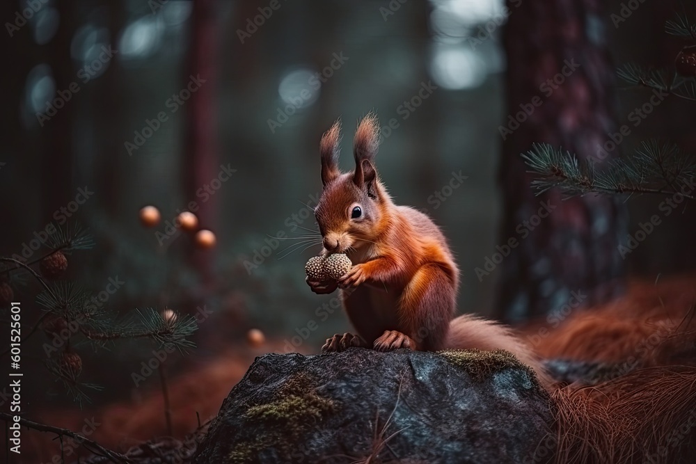 Poster cute squirrel perched on a mossy rock in a forest setting generative ai