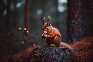 cute squirrel perched on a mossy rock in a forest setting Generative AI