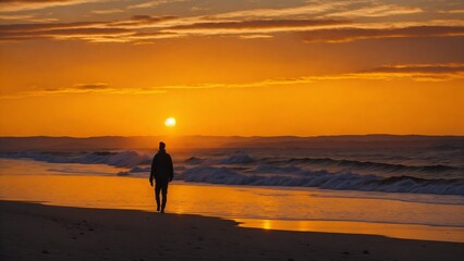 Solitary to the horizon: walking on the beach at sunset.