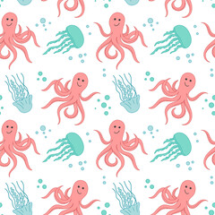 Seamless pattern of the underwater world. Cartoon octopus and jellyfish background. Summer cute nautical illustration for covers, fabric print, wallpapers, brochures