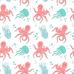 Fotobehang In de zee Seamless pattern of the underwater world. Cartoon octopus and jellyfish background. Summer cute nautical illustration for covers, fabric print, wallpapers, brochures