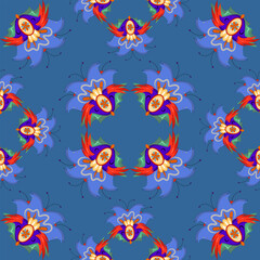 Seamless pattern of abstract flowers on a blue background. Bright vibrant pattern. For textiles and decor.